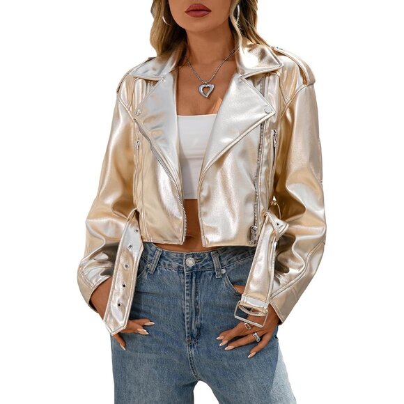 Women's Gold Faux Leather Cropped Jacket Vegan Motor Biker Coat with Belt